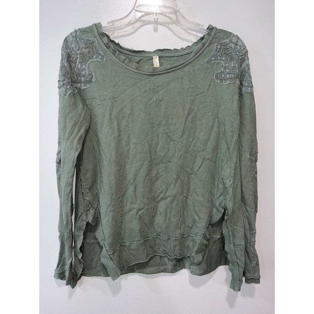 Free People Olive Green Long Sleeve Pullover with Lace Appliqué